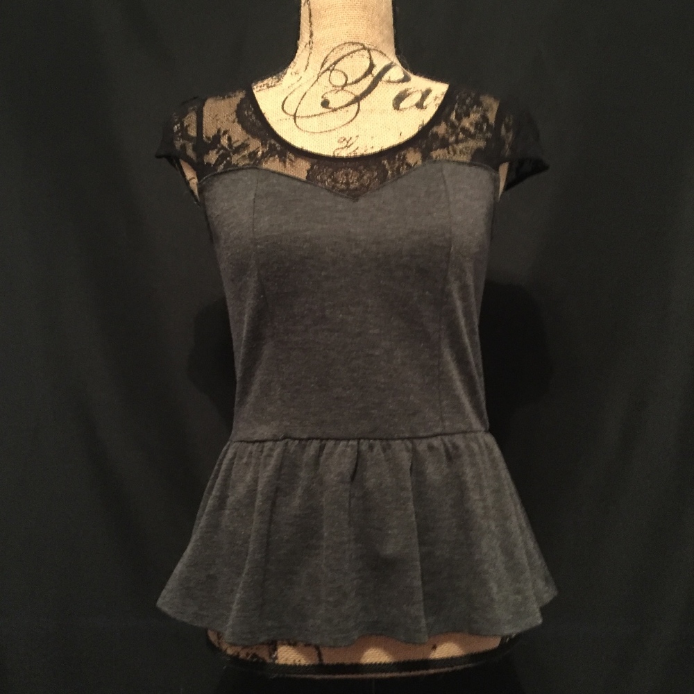 Grey and Black Lace Peplum Top